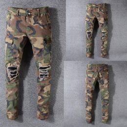 Herenjeans Italiaanse stijl herenjeans legergroen camouflage patchwork casual broek slim fit merk streetwear stretch biker