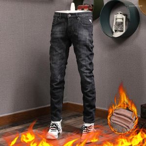 Hommes Jeans Italien Vintage Mode Hommes Haute Qualité Élastique Slim Fit Épais Velours Déchiré Designer Hiver Chaud Pantalon Hombre