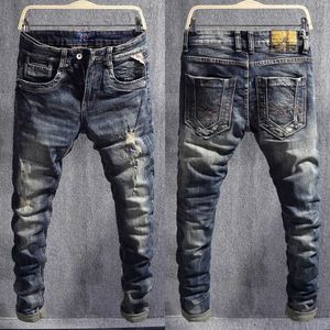 Jeans masculin jeans italien vintage masculin jeans rétro noir stretch slim slim ripped jeans hommes broderie patchered Designer pantalon denim décontracté T240409