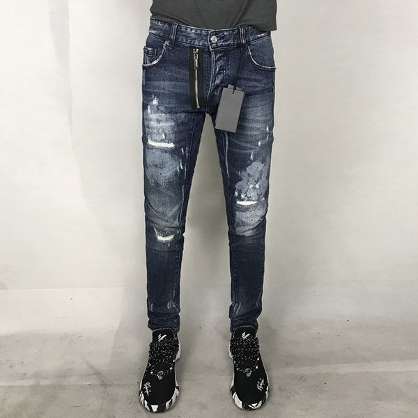 Jeans pour hommes italien Vintage mode hommes rétro bleu foncé coupe ajustée peint Punk déchiré Streetwear épissé Hip Hop Biker pantalon hommes