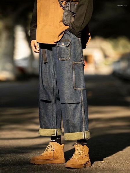 Jeans pour hommes Style japonais Baggy hommes Streetwear Harajuku Hip Hop décontracté pantalon à jambes larges Denim bleu pantalon ample mode Cargo