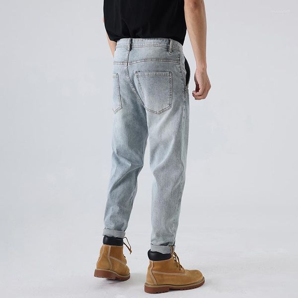 Jeans pour hommes japonais rétro bleu clair hommes petit pantalon en denim de coton extensible droit taille moyenne pantalon de longueur de cheville streetwear