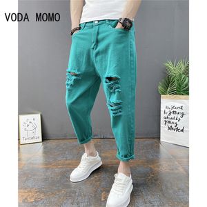 Herenjeans Japanse trend mannen gescheurde gaten jeans wit groen zwart enkellange jeugdmode losse denim harembroek cargo broek 230808