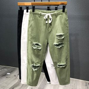 Jeans pour hommes Tendance japonaise Jeans déchirés pour hommes Blanc Vert Noir Cheville Longueur Jeunesse Mode Loose Denim Harem Cargo Pants 230506