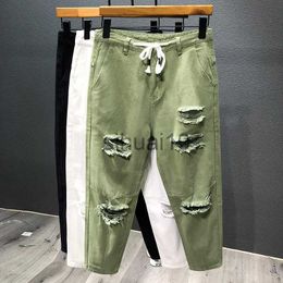 Jeans pour hommes Tendance japonaise Nouveaux jeans déchirés pour hommes Blanc Vert Noir Cheville Longueur Jeunesse Mode Lâche Denim Harem Cargo Pantalon J230728