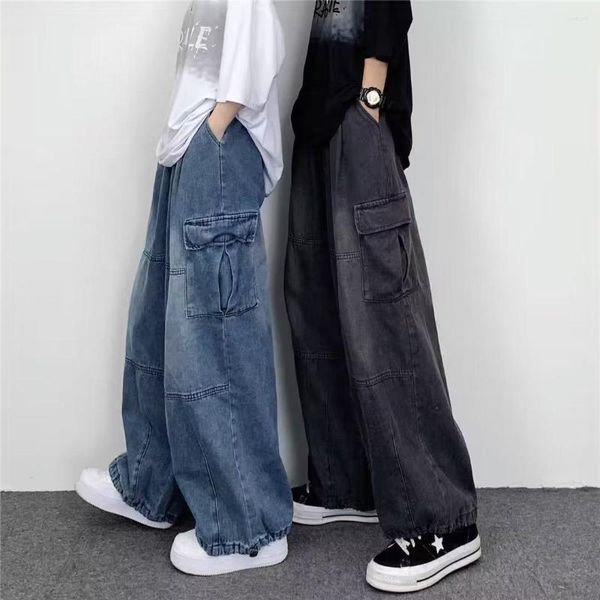 Jeans pour hommes japonais vintage jambe large grande poche pantalon de travail pour l'été marque de mode unisexe lâche droit