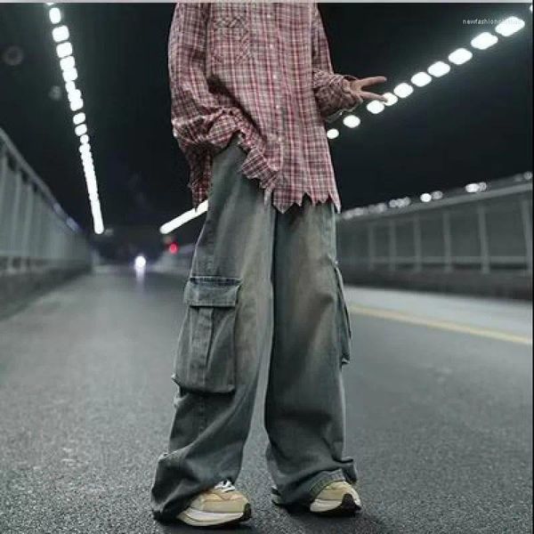 Jeans pour hommes japonais jambes larges double poche tridimensionnelle Y2k automne hiver rétro pour faire vieux lavage cargo pantalon hommes