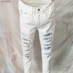 Herenjeans Jean Hombre Mounted Bicycle White Patch Work Paisley Gedrukte traan denim broek elastische heren Jean skinny taps toelopende broek Jean streetwearl2403