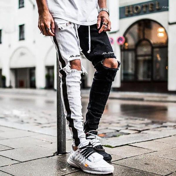 Jeans pour hommes Jean Homme Hommes Noir Blanc Patchwork Y2K Automne Pied Zip Up Ripped Hip Hop Vintage Skinny Denim Pantalon Pantalon Cargo