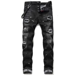 Pantalones vaqueros de los hombres Pantalones de mezclilla Tendencia de la calle Cremallera Cadena Decoración Ripped Black Fashion Fit Washed Motocycle Pantalones de mezclilla con paneles Christmas Plus Gfr