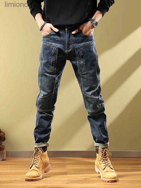 Jeans pour hommes Jeans pour hommes épissé mâle Cowboy pantalon droit moto pantalon maigre tuyau serré coupe mince régulier Style coréen lavé SoftL240119