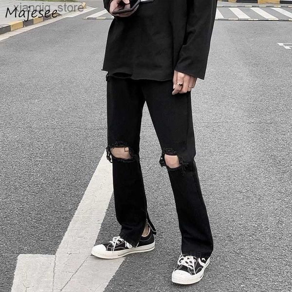 Jeans para hombres Jeans Men Design Hole Reped Jean Black Side-Silt Harajuku Streetwear Longitud de diámetro recto Hip Hop Ulzzang Teens L49