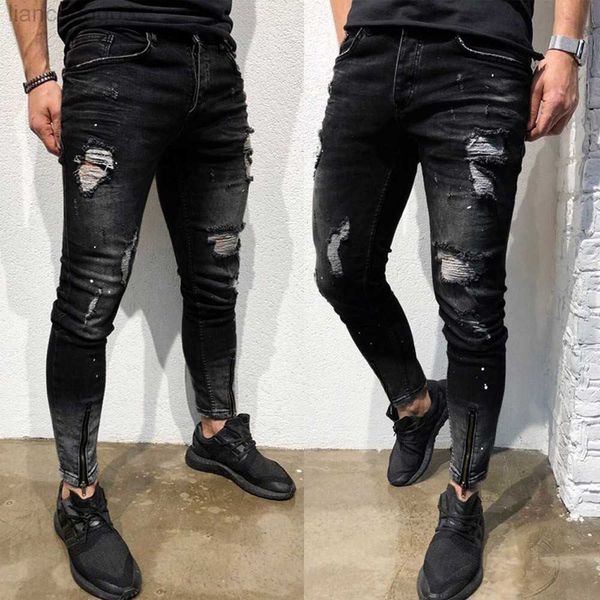 Jeans para hombres Jeans Men Fashion Street Hole Pencil Pency Pants Motorcycle Party Casual Dawusers Design #LR2 W0413