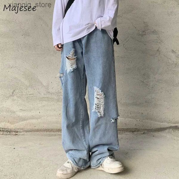 Jeans para hombres Jeans Men Hole Denim Moda de verano Estilo japonés RETRO RETO RETILLO SOLIDO SIMPLE SIMPLE VINTAGE Vintage Unisex Cool L49