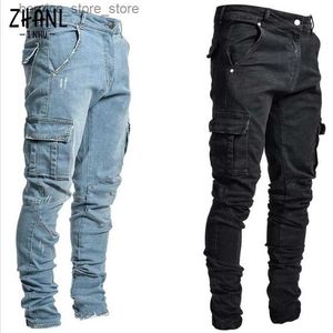 Men's Jeans Jeans hommes pantalons lavage couleur unie Multi poches Denim taille moyenne Cargo jean grande taille mode pantalon décontracté mâle usage quotidien Q231213