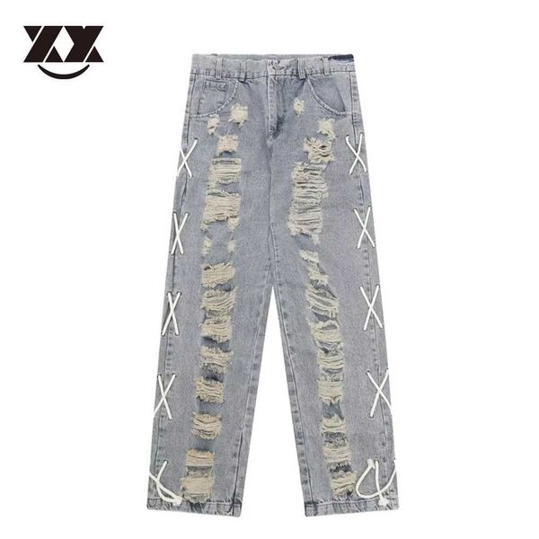 Jeans masculin jeans rétro Hole Streetwear Corde côté vintage Mente Vintage Street Casual Jeans Men des femmes Vêtements de jean décontractés J231222