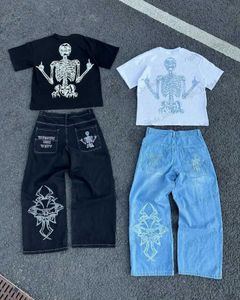 Jeans voor heren Jeans Y2k Retro Schedel Borduurpatroon Mannen Vrouwen Losse Jeans Nieuwe Harajuku Hip Hop Straight Casual Losse broek voor streetwear T240117