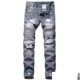 Jeans pour hommes Jewuto Hommes Marque Haute Qualité Trou Droit Moto Biker Denim Pantalon Pour Noir Bleu Drop Livraison Vêtements Vêtements Dhan6
