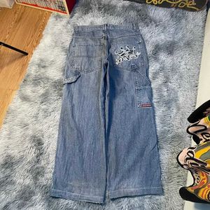 Jeans masculin jnco couronne graphiste broïderie rétro lavage jeans y2k punk haut taille pantalon denim gothique gothique femmes pantalon h240508
