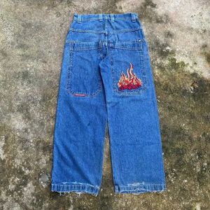 Jeans masculin JNCO BROIDED FLAME RETRO RETRO JEANS LAVED ZIPPER SPLICING AMERICAN HAUTH STREET Fashion Brand Niche Pantalon Loose Straight Q240509