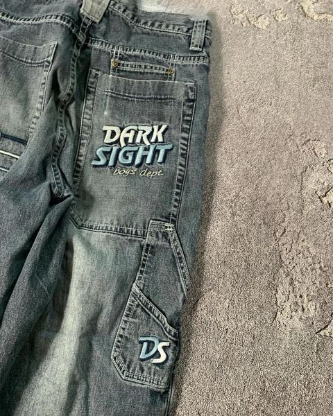 Jeans pour hommes Jnco lettres brodées bleu clair rétro lavé tendance de la rue taille haute pantalon large femme