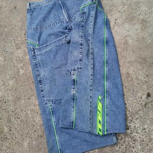 Jeans masculin JNCO Hip Hop Pattern rétro Green Stripe Big Pocket Pantalon Gothic Lignet Pantalon Skateboard Y2K Street Fashion Q240509