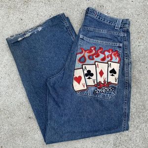 Jeans pour hommes JNCO Jeans Y2K Harajuku Hip Hop Poker graphique rétro bleu Baggy Jeans Denim pantalon hommes femmes gothique taille haute pantalon large 231124