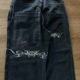 Jeans pour hommes JNCO Jeans Y2K hommes Hip Hop rétro graphique brodé Baggy jean pantalon noir nouveau Harajuku gothique taille haute pantalon large éphémère