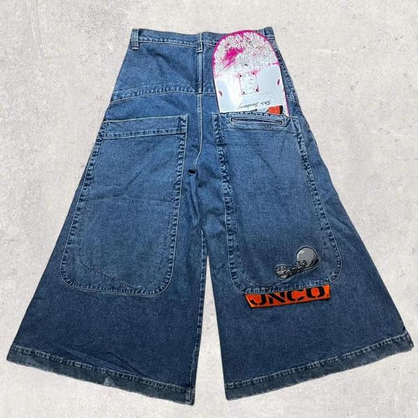 Jeans para hombres JNCO Y2K Mens Hip Hop Gráficos Retro Azul Big Pocket Baggy Denim Pantalones Gótico Ancho Pierna Pantalones Streetwear