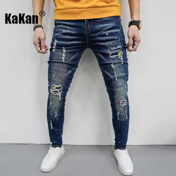 Jeans para hombres Kakan Europe y America's Patch Denim Clothing Hole Holgar Slim Fit Small Foot Long K7-686