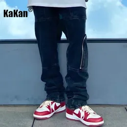 Jeans pour hommes Kakan - Hip Hop européen et américain multi-poches baril droit pour hommes fermeture à glissière latérale fendue longue K27-g50-90