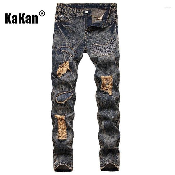 Jeans para hombre Kakan - Pegatinas nostálgicas europeas y americanas con agujeros en tendencia personalizada Long Men K02-926