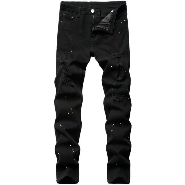 Jeans pour hommes Kakan - Jean stretch noir coupe slim européen et américain pour homme peint à jambe courte et longue K21- 230904