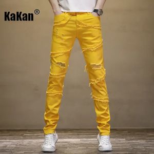 Jeans pour hommes Kakan Patchwork en détresse escent jaune pour hommes décontracté coupe ajustée tendance petite jambe longue K19 9330 231114