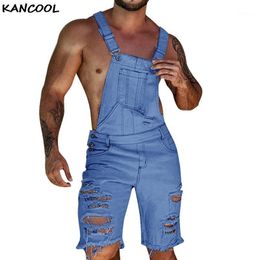 Herenjeans Kancool Demin jumpsuit broek mode gescheurd streetwears noodlijdende denim slabbetje overalls mannelijke vorst