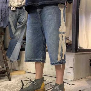 Jeans pour hommes Kapital Hirata Hohiro Pantalon décontracté lâche Os incrusté imprimé eau de lavage short en jean original pour hommes et femmesL2404