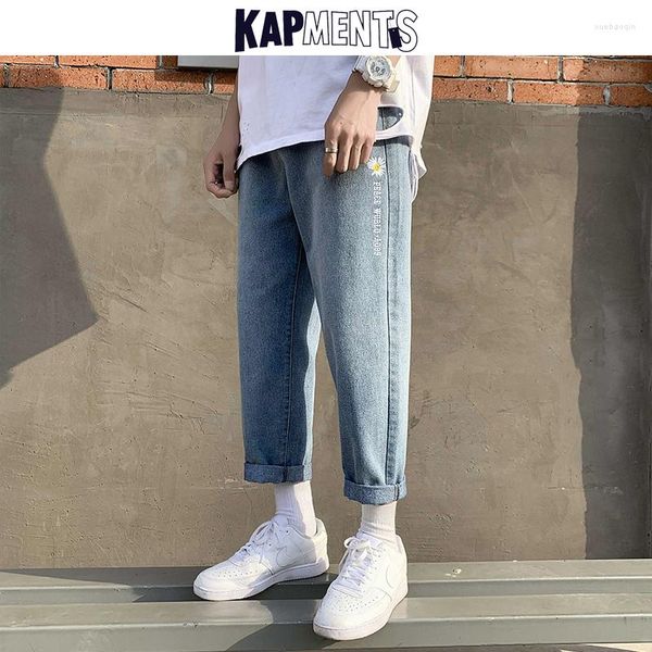 Pantalones vaqueros KAPMENTS para hombre, pantalones bombachos coreanos con margaritas 2023, ropa de calle Harajuku para hombre, pantalones vaqueros holgados rectos azules de diseñador para hombre