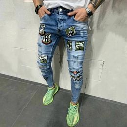 Jeans masculinos Kenntrice S impresso retalhos design na moda rasgado angustiado bordado denim longo calças masculinas plus size289o