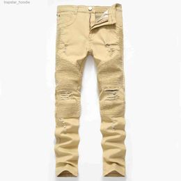 Jeans pour hommes Kaki Biker Jeans Plissé Design Mens Skinny slim Stretch Denim pantalon Hip-Hop Street Destroyed Ripped Jean 28-42 L230918