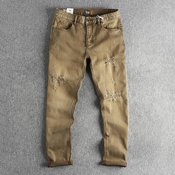 Les jeans masculins Khaki Ripped Hole détruit le denim lavé en détresse pour hommes pantalon droit slim vintage pantalon de coton jeunesse