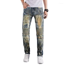 Heren jeans kimsere vintage gescheurde motorbrood mode hoi straat retro vernietigde motorfiets denim broek met gaten geschilderd 1