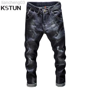 Jeans para hombres KN Ripped Jeans Hombres Azul oscuro Stretch Slim Fit Ropa de calle desgastada Pantalones de mezclilla Casual Retro Biker Jeans Hombre Pantalones Hiphop W0413