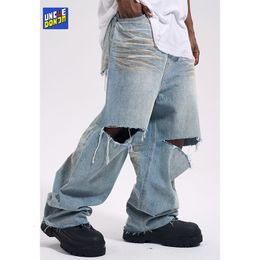 Mannen Jeans Knie gescheurde denim jeans grote gaten wijde pijpen dweilen hiphop olifant broek streetwear mannen y2k vintage baggy 230711