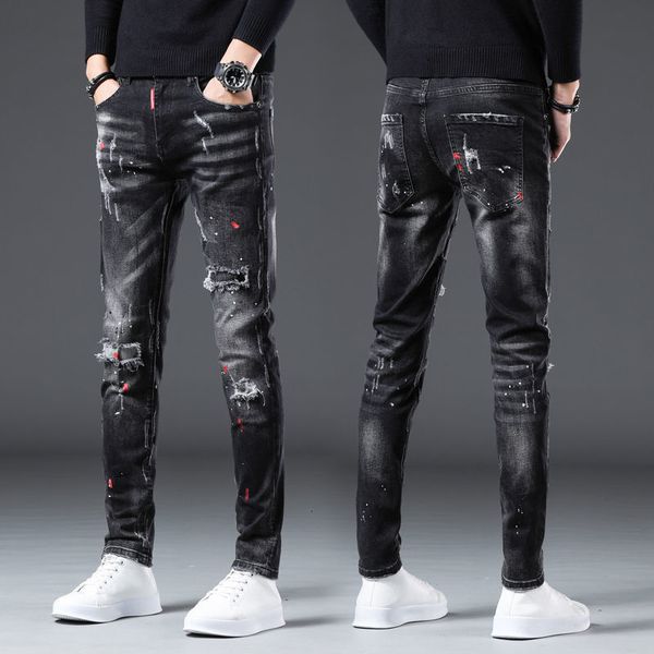 Jeans pour hommes Corée Version Hommes Noir Déchiré Élégant Slim Stretch Léger De Luxe Splash Ink Print Sexy Street 221118