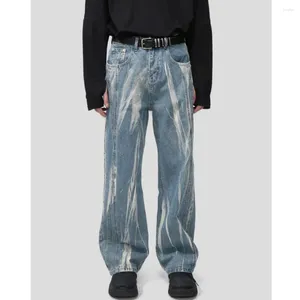 Jeans pour hommes coréens design teinture lavage lâche décontracté haute rue 2024 printemps mode fermeture éclair personnalité coton rétro
