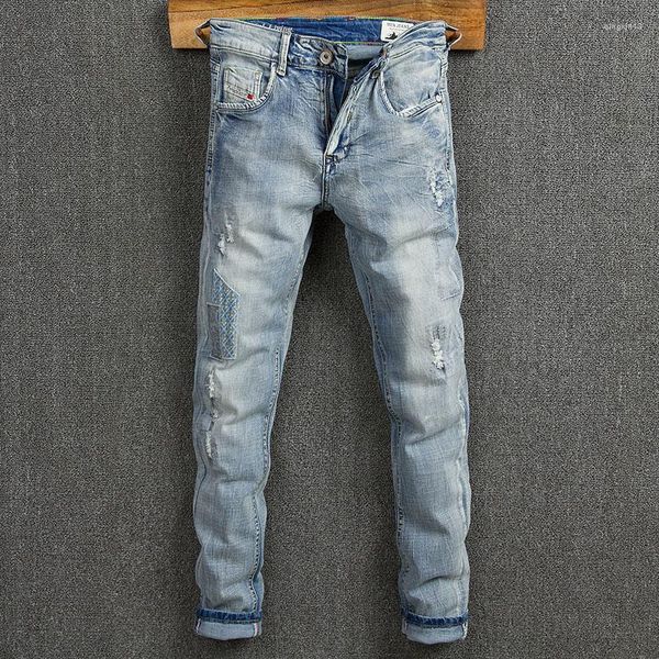 Jeans para hombres Moda coreana Hombres retro azul claro azul elástico fit de pantalones rasgados diseñador de mezclilla vintage vintage hombre hombre