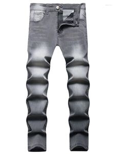 Jeans masculins coréens gris hommes mid taies rétro zipper empilé pantalon de jambe étroite