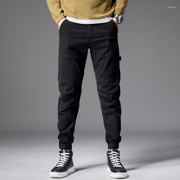 Jeans para hombres estilo coreano moda hombres negro elástico slim fit empalmado diseñador casual pantalones de carga hombre streetwear hip hop joggers