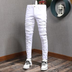 Mannen Jeans Koreaanse Stijl Mode Mannen Hoge Kwaliteit Witte Kleur Elastische Slim Fit Ripped Denim Potlood Broek Streetwear Hip Hop Broek1