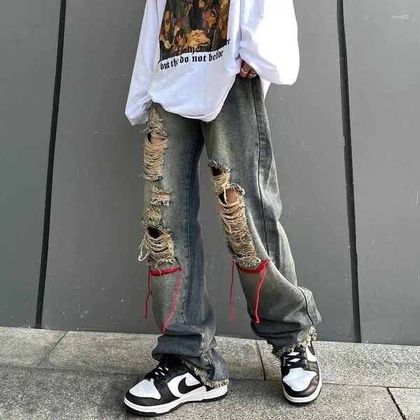 Jeans pour hommes Style coréen Ins Hip-Hop Tendance en détresse Corde rouge Vintage lavé et porté pantalon long à jambe droite